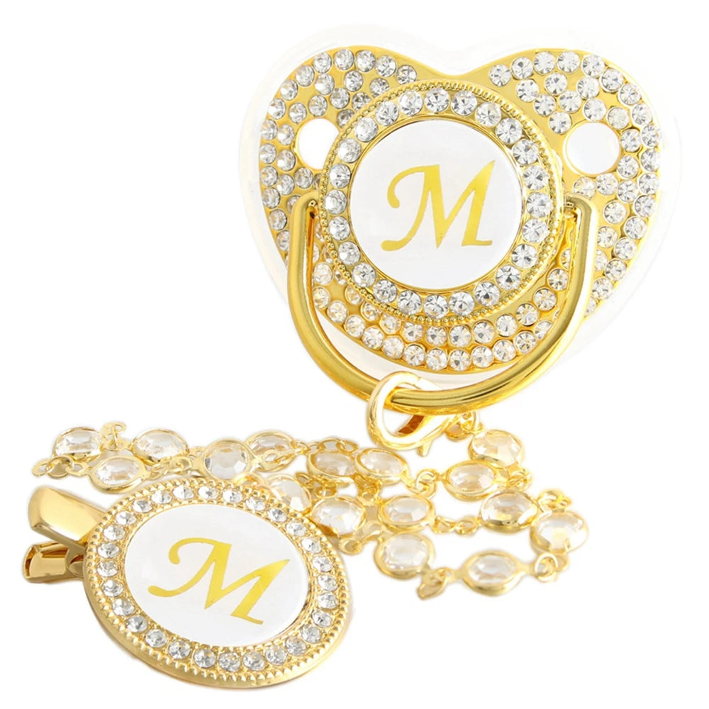 Golden Baby Pacifier With Diamond Chain Clip – Silicone, Rhinestone, Latex Free - ZOOMNSTORE