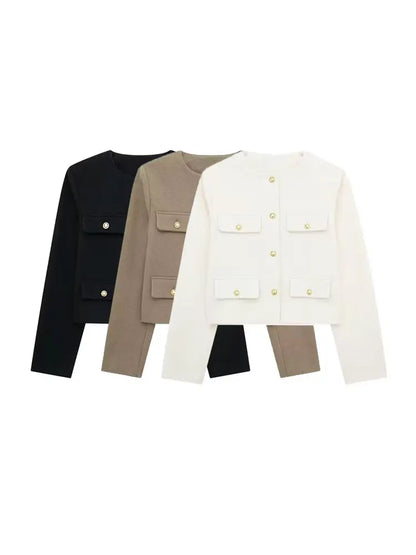 Golden Button Jacket - Women's Casual Outerwear With Button Detail & O Neck - ZOOMNSTORE