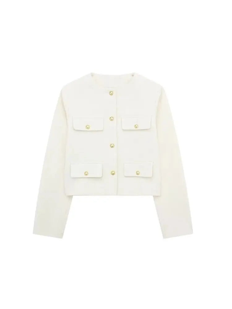 Golden Button Jacket - Women's Casual Outerwear With Button Detail & O Neck - ZOOMNSTORE