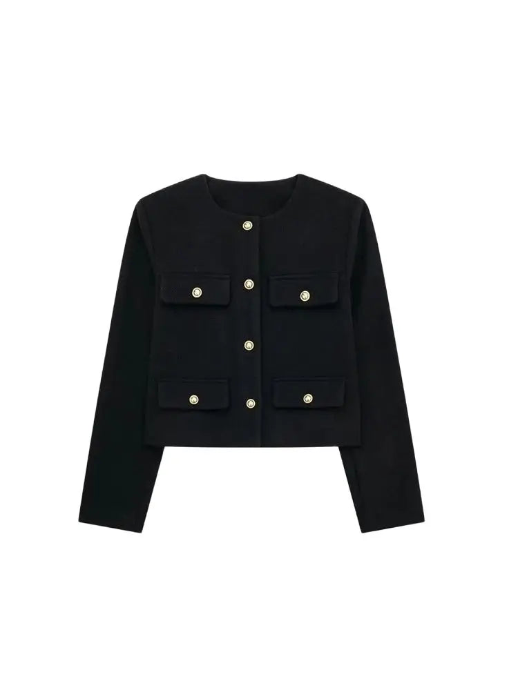 Golden Button Jacket - Women's Casual Outerwear With Button Detail & O Neck - ZOOMNSTORE