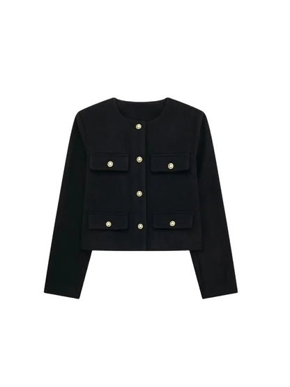 Golden Button Jacket - Women's Casual Outerwear With Button Detail & O Neck - ZOOMNSTORE