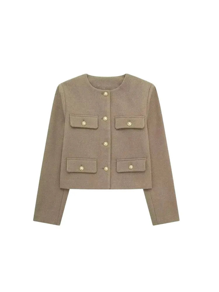 Golden Button Jacket - Women's Casual Outerwear With Button Detail & O Neck - ZOOMNSTORE