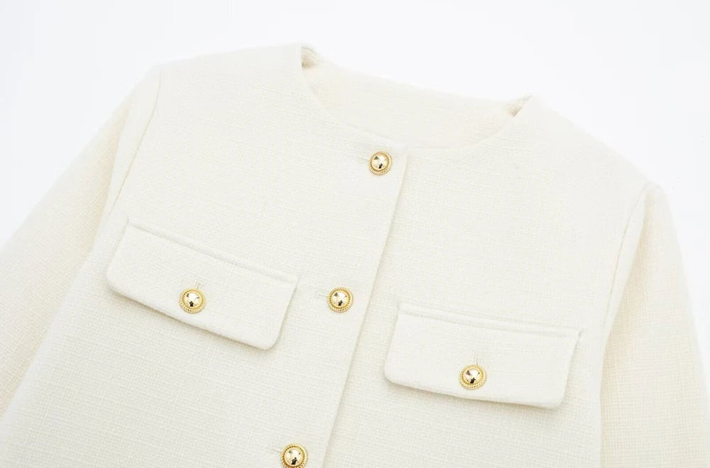 Golden Button Jacket - Women's Casual Outerwear With Button Detail & O Neck - ZOOMNSTORE