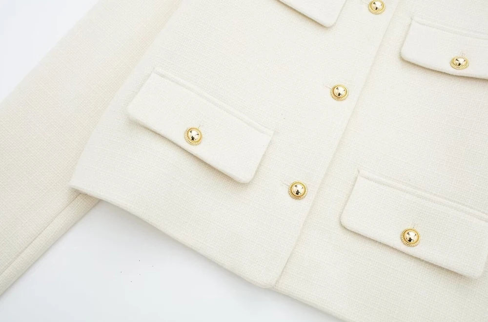 Golden Button Jacket - Women's Casual Outerwear With Button Detail & O Neck - ZOOMNSTORE