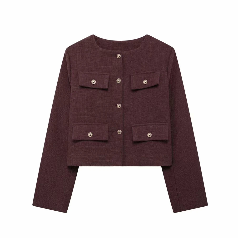 Golden Button Jacket - Women's Casual Outerwear With Button Detail & O Neck - ZOOMNSTORE