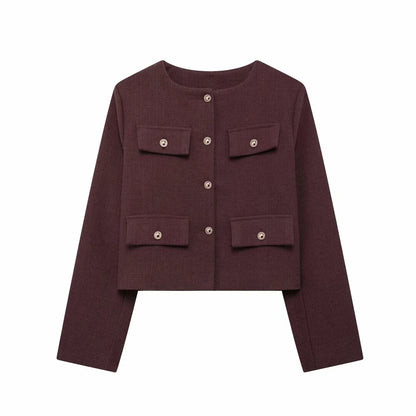 Golden Button Jacket - Women's Casual Outerwear With Button Detail & O Neck - ZOOMNSTORE