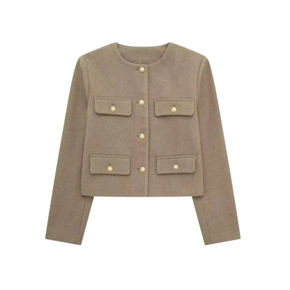 Golden Button Jacket - Women's Casual Outerwear With Button Detail & O Neck - ZOOMNSTORE
