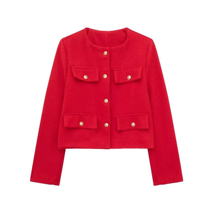 Golden Button Jacket - Women's Casual Outerwear With Button Detail & O Neck - ZOOMNSTORE