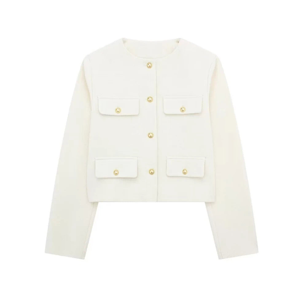 Golden Button Jacket - Women's Casual Outerwear With Button Detail & O Neck - ZOOMNSTORE