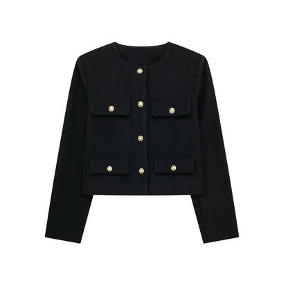 Golden Button Jacket - Women's Casual Outerwear With Button Detail & O Neck - ZOOMNSTORE
