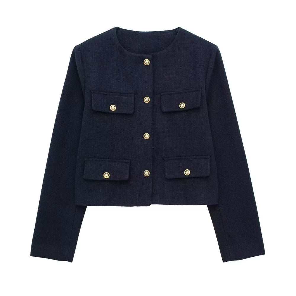 Golden Button Jacket - Women's Casual Outerwear With Button Detail & O Neck - ZOOMNSTORE