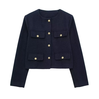 Golden Button Jacket - Women's Casual Outerwear With Button Detail & O Neck - ZOOMNSTORE