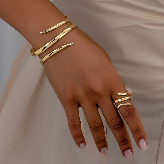 Golden Geometric Line Bracelet and Thick Ring Set - Womens Vintage Jewelry for Casual Wear and Gifts - ZOOMNSTORE
