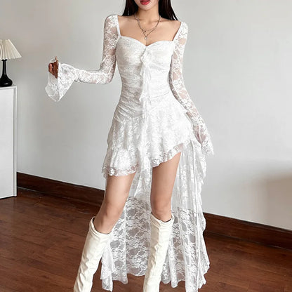 Goth Fairycore Lace A-line Dress - Dark E-girl Cyber Party Wear - ZOOMNSTORE