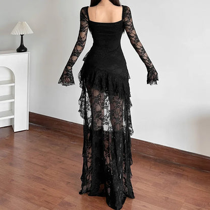 Goth Fairycore Lace A-line Dress - Dark E-girl Cyber Party Wear - ZOOMNSTORE