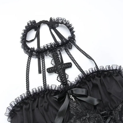 Gothic A-line Dress - Elegant Grunge Ruched Black Partywear for Women - ZOOMNSTORE
