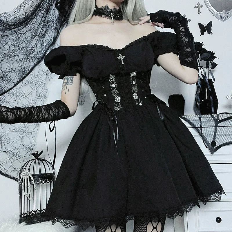 Gothic A-line Dress - Elegant Grunge Ruched Black Partywear for Women - ZOOMNSTORE