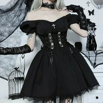 Gothic A-line Dress - Elegant Grunge Ruched Black Partywear for Women - ZOOMNSTORE
