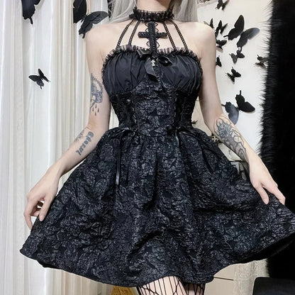 Gothic A-line Dress - Elegant Grunge Ruched Black Partywear for Women - ZOOMNSTORE