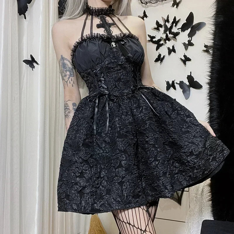 Gothic A-line Dress - Elegant Grunge Ruched Black Partywear for Women - ZOOMNSTORE