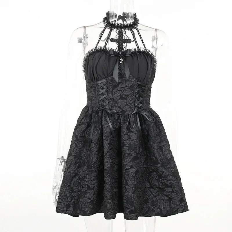 Gothic A-line Dress - Elegant Grunge Ruched Black Partywear for Women - ZOOMNSTORE