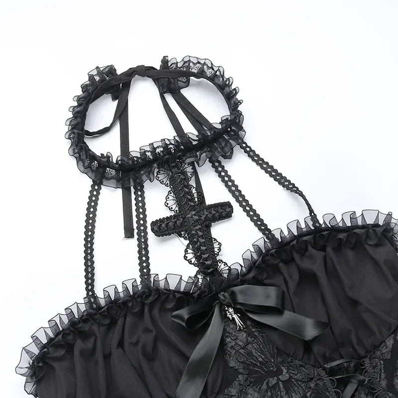 Gothic A-line Dress - Elegant Grunge Ruched Black Partywear for Women - ZOOMNSTORE