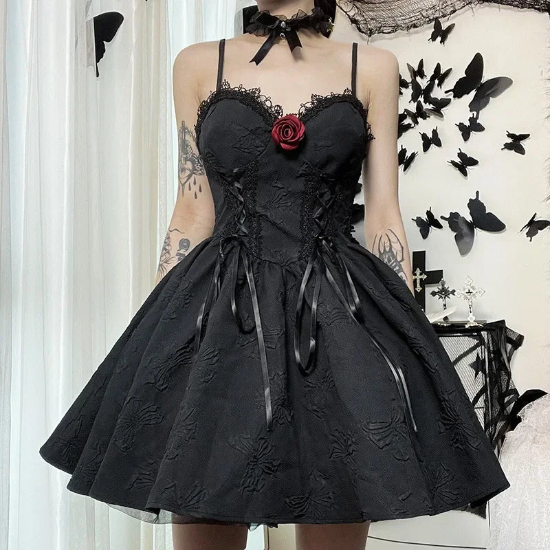 Gothic A-line Dress - Elegant Grunge Ruched Black Partywear for Women - ZOOMNSTORE
