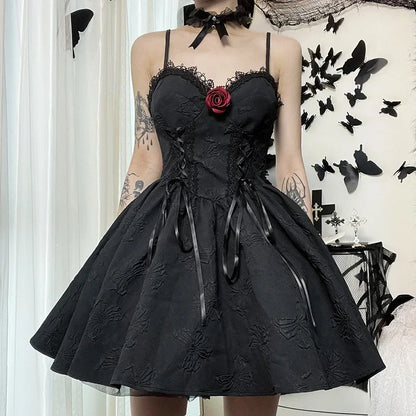Gothic A-line Dress - Elegant Grunge Ruched Black Partywear for Women - ZOOMNSTORE