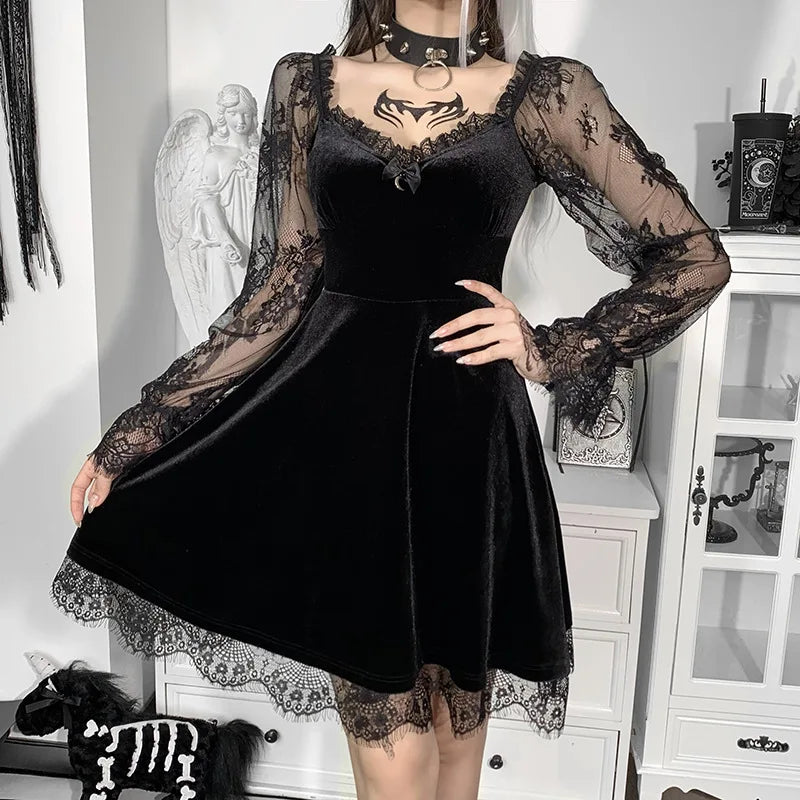 Gothic A-line Dress - Elegant Grunge Ruched Black Partywear for Women - ZOOMNSTORE