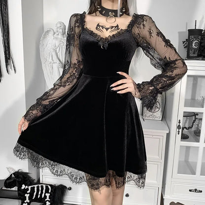 Gothic A-line Dress - Elegant Grunge Ruched Black Partywear for Women - ZOOMNSTORE