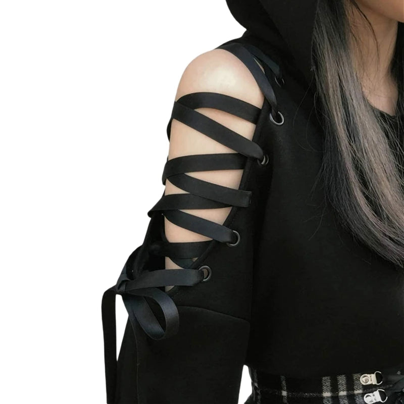 Gothic Cat Ear Crop Hoodie - Womens Long Sleeve Pullover Sweatshirt - ZOOMNSTORE