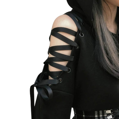 Gothic Cat Ear Crop Hoodie - Womens Long Sleeve Pullover Sweatshirt - ZOOMNSTORE