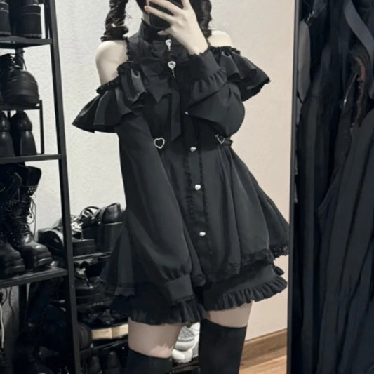 Gothic Lolita Bow Dress  Shorts Set - Off-Shoulder Lace Ruffle Party Outfit - ZOOMNSTORE