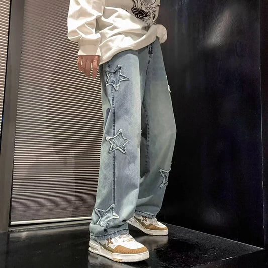 Gothic Star Embroidery Wide Leg Jeans - Casual Hip-Hop Streetwear Trousers - ZOOMNSTORE