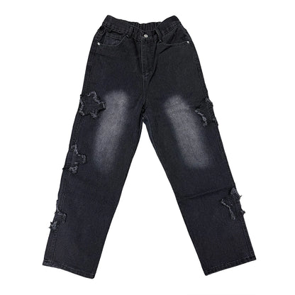 Gothic Star Embroidery Wide Leg Jeans - Casual Hip-Hop Streetwear Trousers - ZOOMNSTORE
