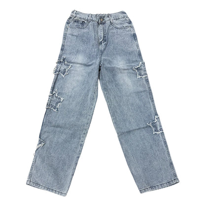 Gothic Star Embroidery Wide Leg Jeans - Casual Hip-Hop Streetwear Trousers - ZOOMNSTORE