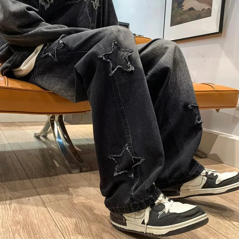 Gothic Star Embroidery Wide Leg Jeans - Casual Hip-Hop Streetwear Trousers - ZOOMNSTORE