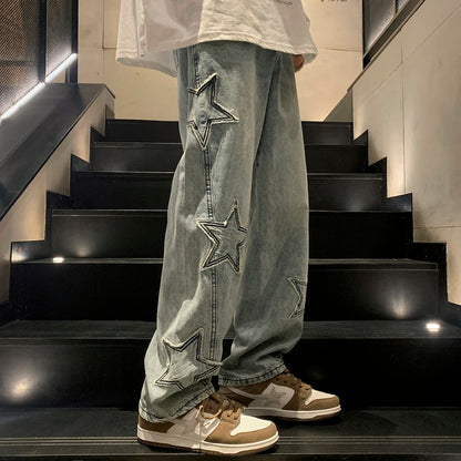 Gothic Star Embroidery Wide Leg Jeans - Casual Hip-Hop Streetwear Trousers - ZOOMNSTORE