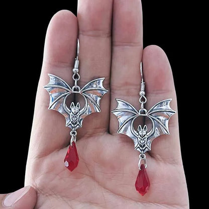 2024 Gothic Vampire Bat Earrings For Women Man Fashion Witch Jewelry Accessories Red Crystal Vintage Bat Pendant Ear Hooks - ZOOMNSTORE