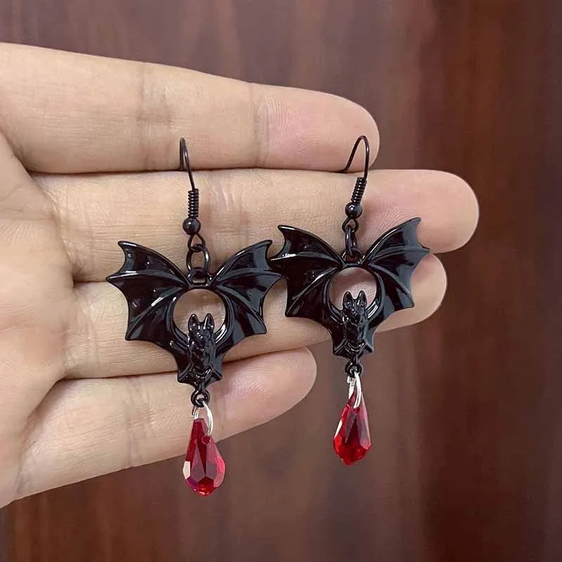 2024 Gothic Vampire Bat Earrings For Women Man Fashion Witch Jewelry Accessories Red Crystal Vintage Bat Pendant Ear Hooks - ZOOMNSTORE