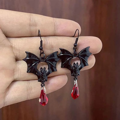 2024 Gothic Vampire Bat Earrings For Women Man Fashion Witch Jewelry Accessories Red Crystal Vintage Bat Pendant Ear Hooks - ZOOMNSTORE