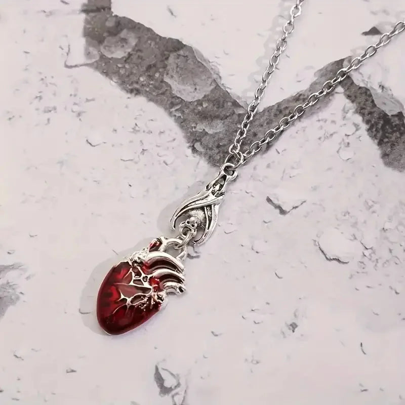 Gothic Vampire Bat Bloody Heart Pendant Necklace Fashionable Pagan Witch Jewelry Anatomy Heart Halloween Accessories Gift - ZOOMNSTORE