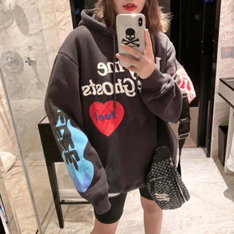 Graffiti Letter Foam Fleece Baggy Sweatshirts Men's Oversized High Street Casual Hooded Hoodie Unisex Pullover Loose Hoody - ZOOMNSTORE