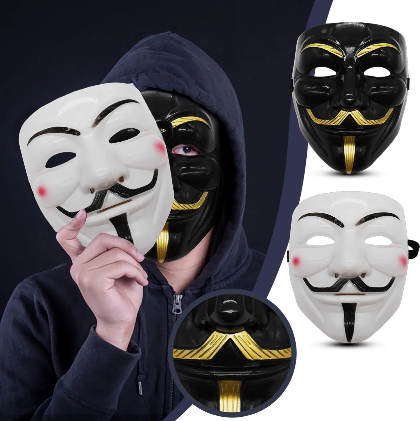 Guy Fawkes Mask Black/White Revolutionary Style Halloween Cosplay Face Cover Party Accessories - ZOOMNSTORE