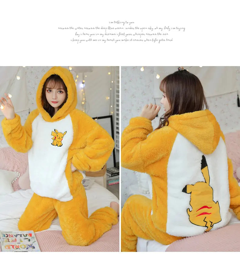 Jielur Warm Women Pajama Sets Winter Lady Long Sleeve Shirt+Pants Home suit Hooded Cartoon Print Thick Pijama Feminino