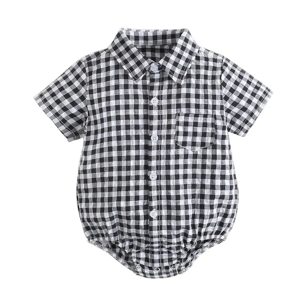 Baby Boys Bodysuit - Soft Cotton Fabric Summer Baby Bodysuit with Plaid Pattern