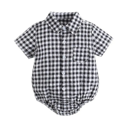 Baby Boys Bodysuit - Soft Cotton Fabric Summer Baby Bodysuit with Plaid Pattern