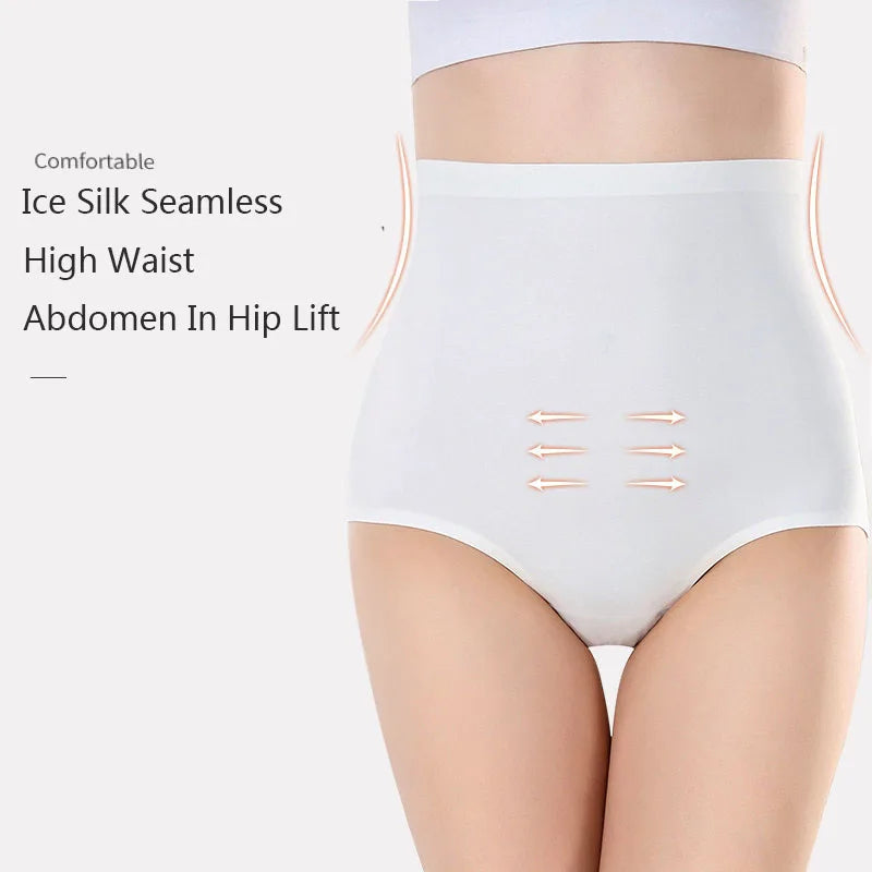 Women's underwear ice silk High waist Seamless Panties soft Lingerie Slimming Abdomen In Hip Lift plus size Breathable Briefs