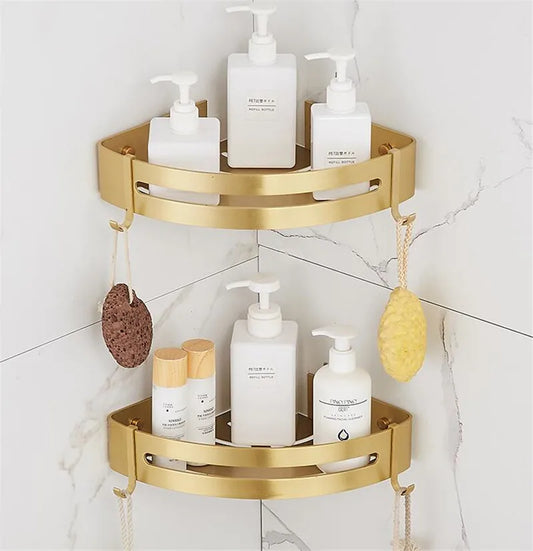 Wall-Mounted Corner Shelf - Brushed Gold Aluminum Bathroom Shampoo Holder
