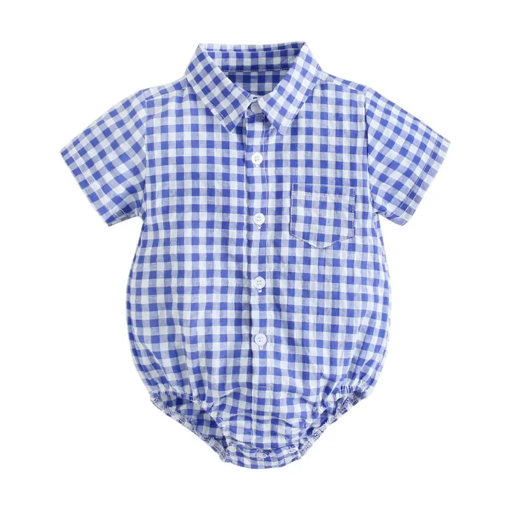 Baby Boys Bodysuit - Soft Cotton Fabric Summer Baby Bodysuit with Plaid Pattern